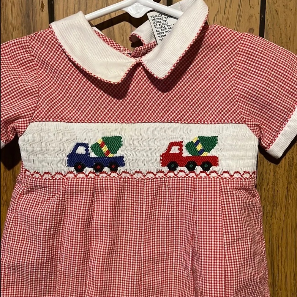 Red Gingham Smocked Baby Dress with Trucks